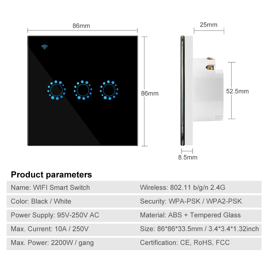 Wifi Smart Switch/APP Remote Switch EU Standard 90V-250V AC 1/2/3 gang Single Repeat Timer Function Work with Alexa Google Home
Wifi Smart Switch/APP Remote Switch EU Standard 90V-250V AC 1/2/3 gang Single Repeat Timer Function Work with Alexa Google Home