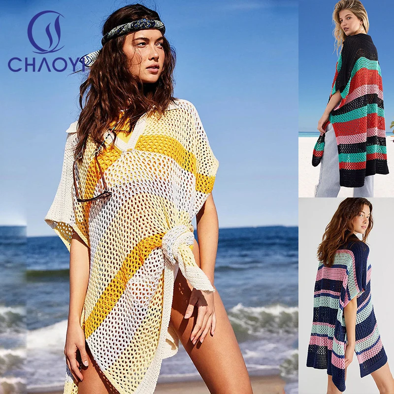 CC Loose Stripe T-shirt Dress Women Summer Lapel Side Split Casual Beach Outing Wear Short Sleeves Hollowed Swimwear Cover Up 
CC Loose Stripe T-shirt Dress Women Summer Lapel Side Split Casual Beach Outing Wear Short Sleeves Hollowed Swimwear Cover Up