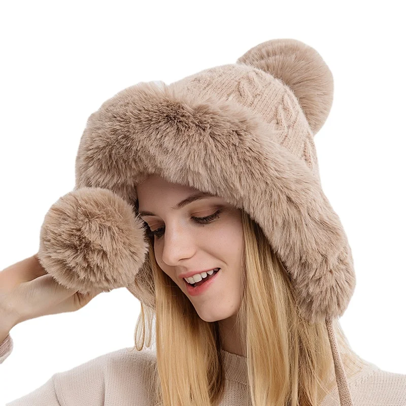 Winter Warm Outdoor Thicken Plush Fluffy Cap Knitted Hat Fur Women Hat with Earflap Two Balls Lady Russian Hats for Women
Winter Warm Outdoor Thicken Plush Fluffy Cap Knitted Hat Fur Women Hat with Earflap Two Balls Lady Russian Hats for Women