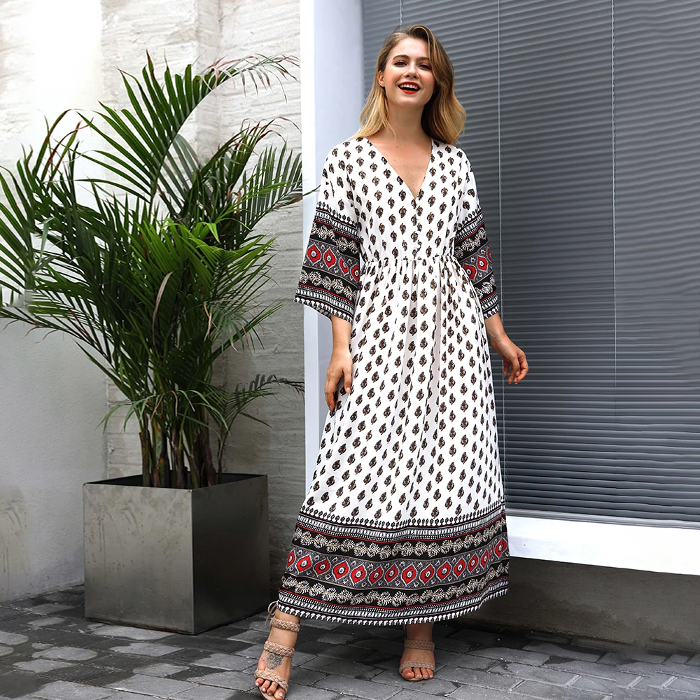 Elegant 2021 New Ladies Spring Summer Bohemian Deep V-neck Dress Women A-line Print High Waist Long Dress
Elegant 2021 New Ladies Spring Summer Bohemian Deep V-neck Dress Women A-line Print High Waist Long Dress