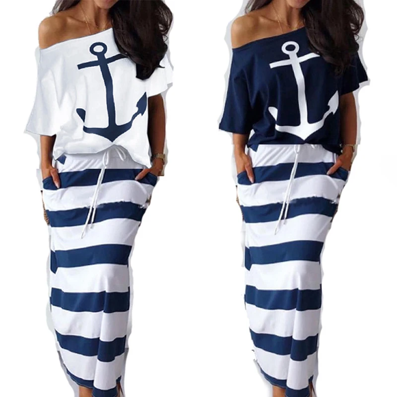 Summer Boat Anchor Tops Print Stripe Dress 2 Piece Sets Off Shoulder Fashion Streetwear Women Casual T-Shirt Beach Long Dress
Summer Boat Anchor Tops Print Stripe Dress 2 Piece Sets Off Shoulder Fashion Streetwear Women Casual T-Shirt Beach Long Dress