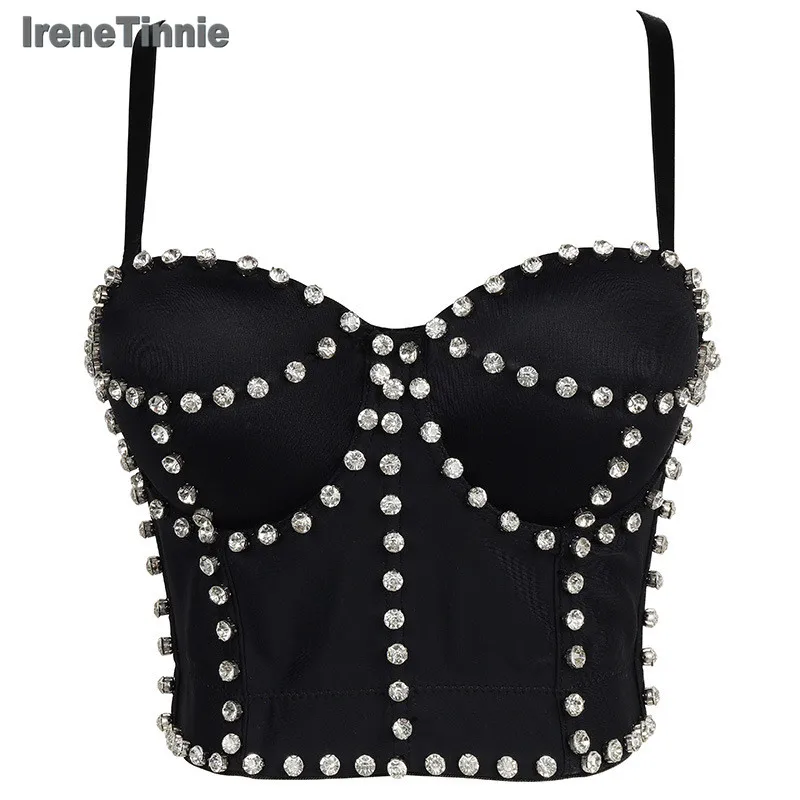 

Irene Tinnie Rhinestone Crop Top Women Shining Backless Bustier Sexy Top Party Nightclub Dance Stage Vest Cropped Corset
