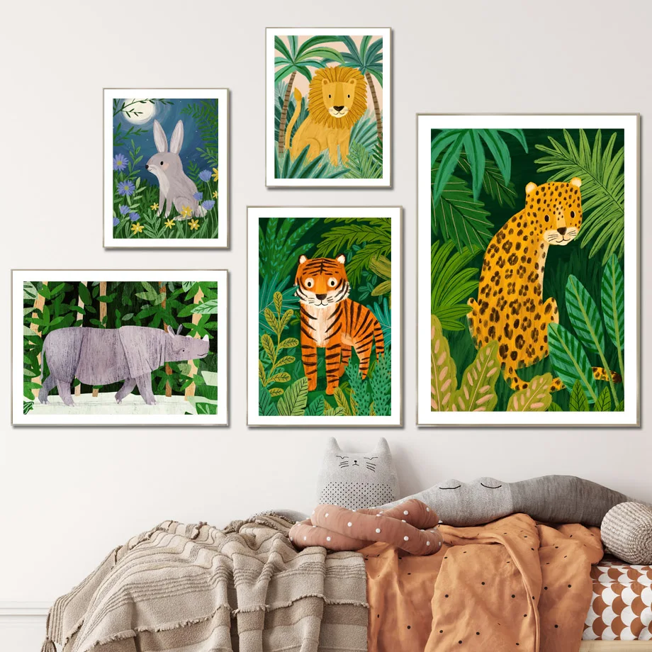 

Рино-кролик леопард лев тигр лесной мультфильм Животные искусство на холсте скандинавские постеры принты настенные картины декор для детс...