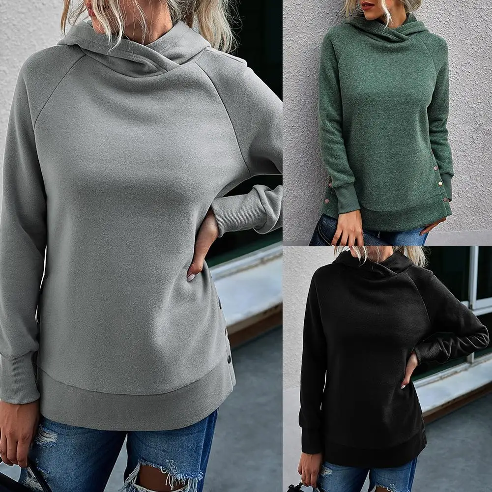 Stylish Women Solid Color Hoodie Long Sleeve Split Buttons Hem Sweatshirt Top 
Stylish Women Solid Color Hoodie Long Sleeve Split Buttons Hem Sweatshirt Top