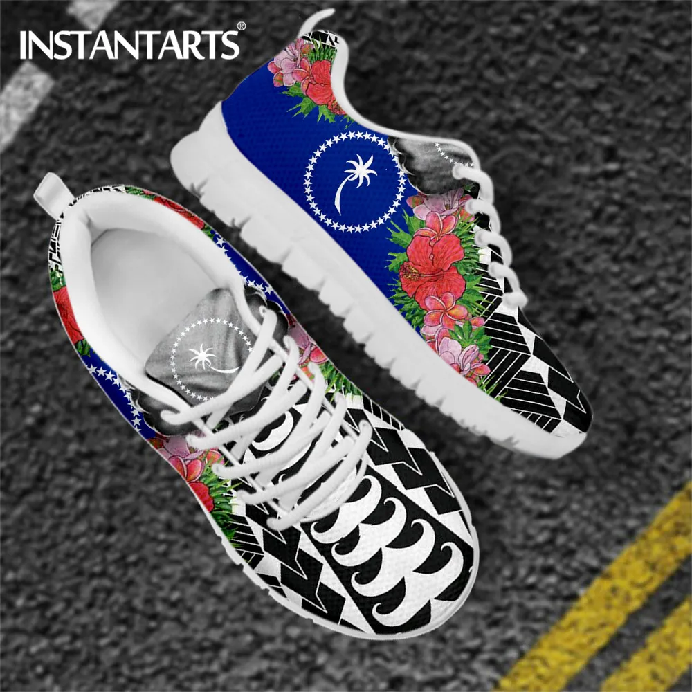 

INSTANTARTS Casual Women Shoes Chuuk Polynesian Tribal Hibiscus Plumeria Print Breathable Sneakers Lace Up Footwear Zapatillas