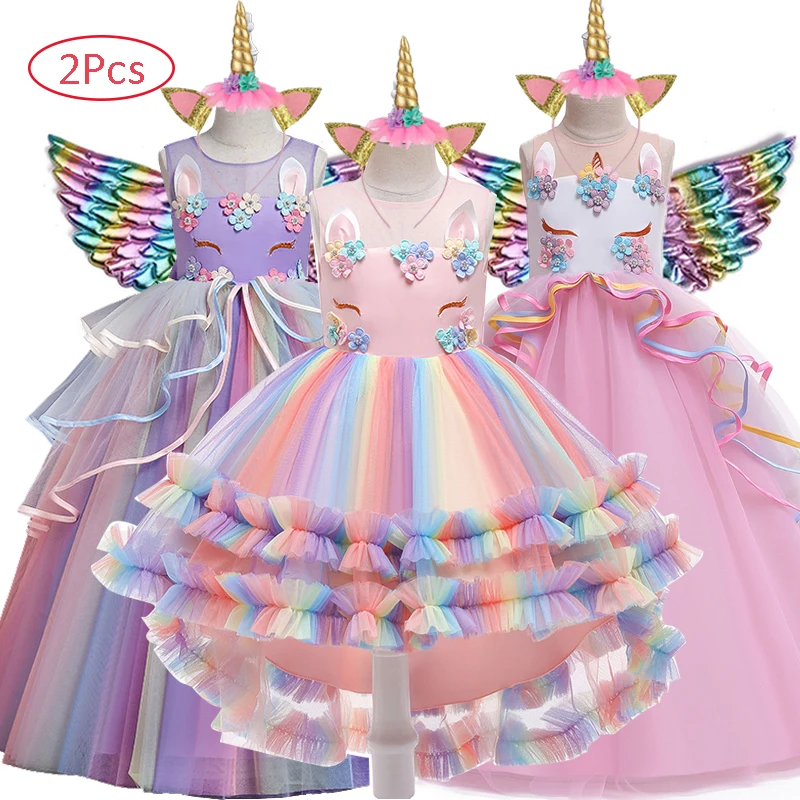 Prom Dress For Girls Carnival Costume Princess Dresses Unicorn Rainbow Elegant Children Birthday Wedding 3 to 12 Y | Детская одежда и