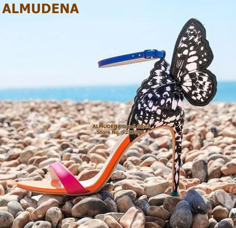 

ALMUDENA 3D Butterfly Luxury High Heel Sandals Pink Black Wing Multi-color Wedding Shoes Stiletto Heels Dress Pumps Size42