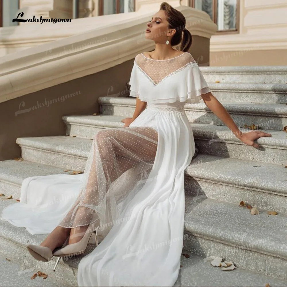 Bohemian Chiffon A-Line Wedding Dresses O-Neck Short Sleeve Sweep/Brush Train Bride Gowns Tulle Vestidos De Novia Elegant Pleats 
Bohemian Chiffon A-Line Wedding Dresses O-Neck Short Sleeve Sweep/Brush Train Bride Gowns Tulle Vestidos De Novia Elegant Pleats