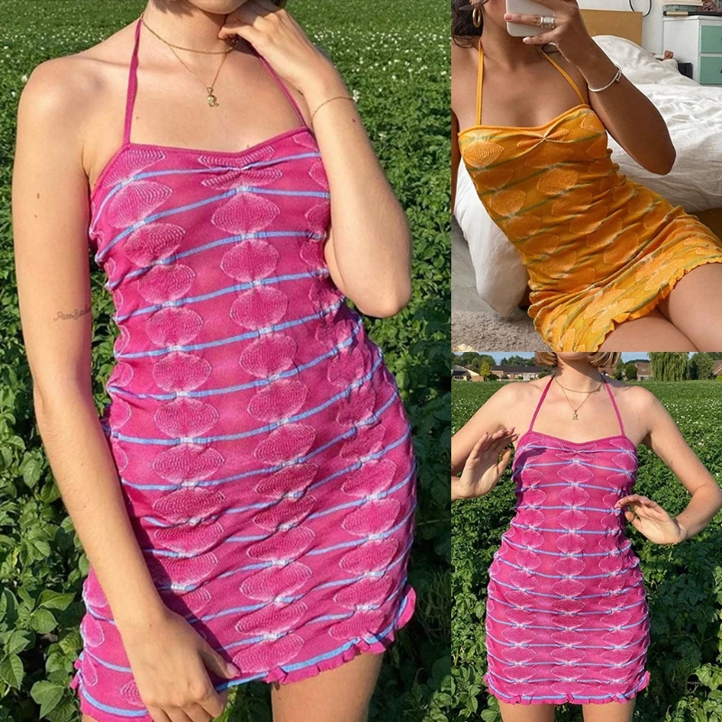 Women Summer Sexy Halter Backless Knitted Slim Mini Dress Bohemian Circle Striped Pattern Ruffled Hem Beach Sundress
Women Summer Sexy Halter Backless Knitted Slim Mini Dress Bohemian Circle Striped Pattern Ruffled Hem Beach Sundress