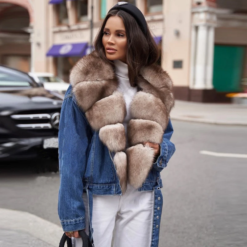 Fashion Real Fox Fur Coat Women Natural Winter High Quality Denim Jacket With Big Fox Fur Collar Luxury Fur Overcoats Woman 2021
Fashion Real Fox Fur Coat Women Natural Winter High Quality Denim Jacket With Big Fox Fur Collar Luxury Fur Overcoats Woman 2021