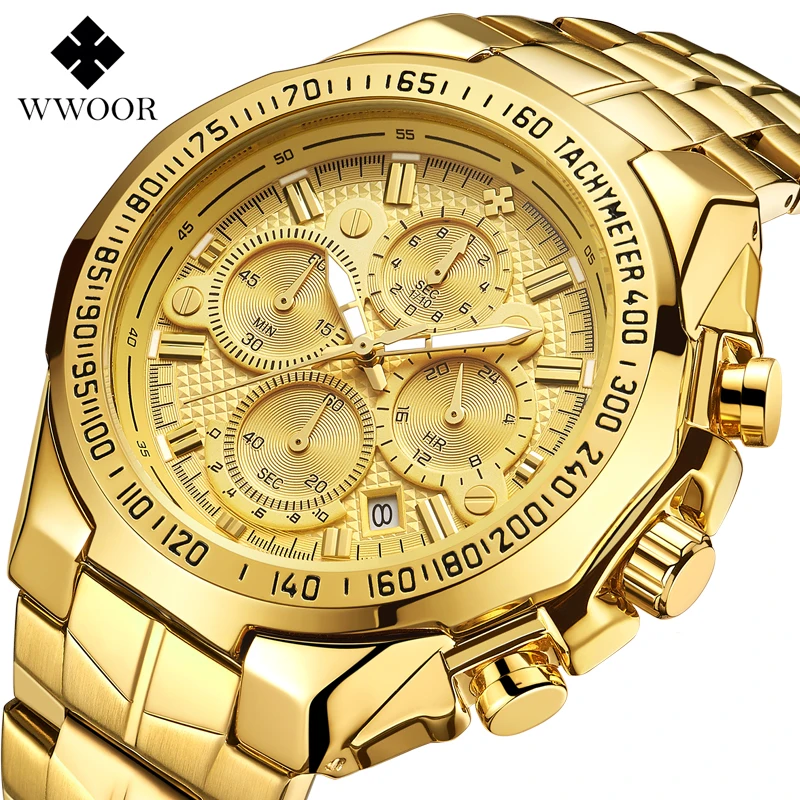 WWOOR Top Brand Luxury Gold Mens Watches Chronograph Full Steel Military Sport Waterproof Wrist Watch Male Big Dial Quartz Clock
WWOOR Top Brand Luxury Gold Mens Watches Chronograph Full Steel Military Sport Waterproof Wrist Watch Male Big Dial Quartz Clock