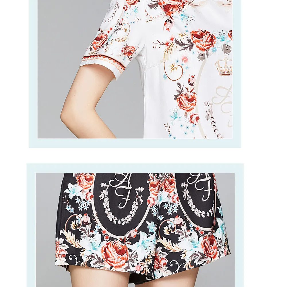 Woman's Summer Suit Flower Print O Neck Short Sleeve White Shirt and Black Mini Shorts Two Piece Sets Female Outfits 2021 M65625
Woman's Summer Suit Flower Print O Neck Short Sleeve White Shirt and Black Mini Shorts Two Piece Sets Female Outfits 2021 M65625