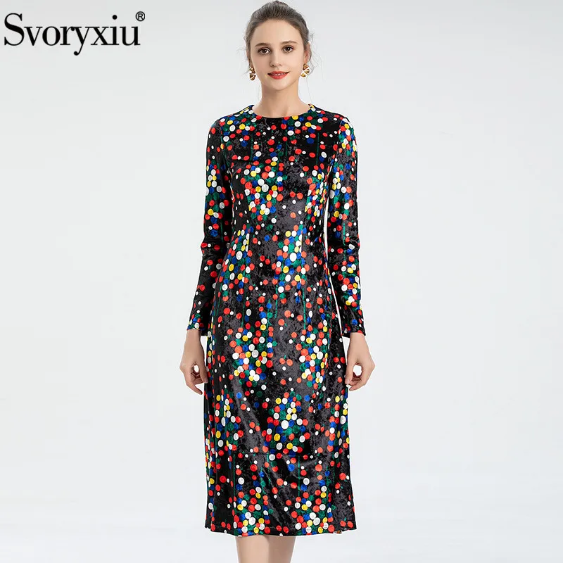 

Svoryxiu Fashion Autumn Women Elegant Ankle-Length Dress O-Neck Multicolour Dots Printing Slim Long Sleeve Party Dresses