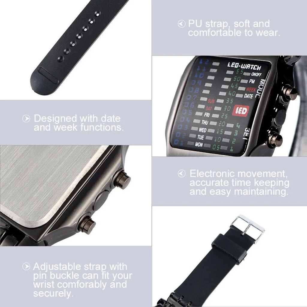 Fashion Watch Men Luxury Men's Square Style Cool Colorful Led Digital Watch Binary Wrist Black Hd Erkek Kol Saati
Fashion Watch Men Luxury Men's Square Style Cool Colorful Led Digital Watch Binary Wrist Black Hd Erkek Kol Saati