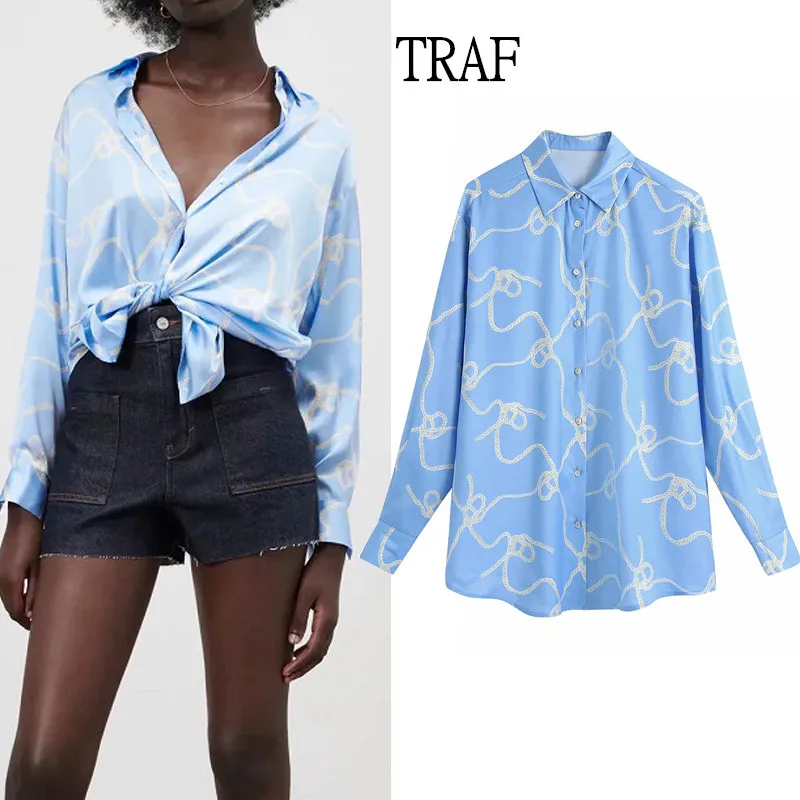 TRAF 2021 Blouses Women's Shirt Blue Satin Print Button Up Shirt Vintage Top Long Sleeves Loose Street Summer Women Clothing
TRAF 2021 Blouses Women's Shirt Blue Satin Print Button Up Shirt Vintage Top Long Sleeves Loose Street Summer Women Clothing