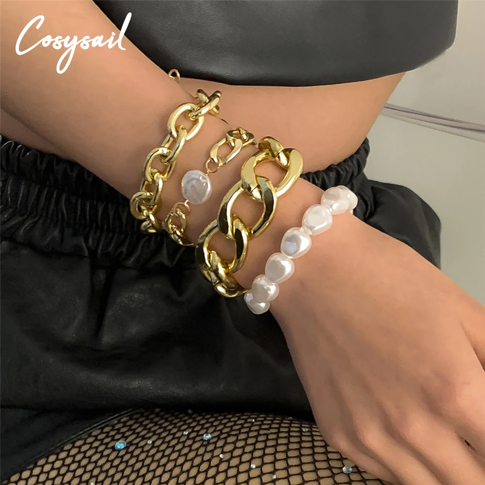 

Cosysail 4Pcs Baroque Imitation Pearls Bracelets Set for Female Multilayer Metal Chunky Chain Bangle Fashion Party Jewelry Gift