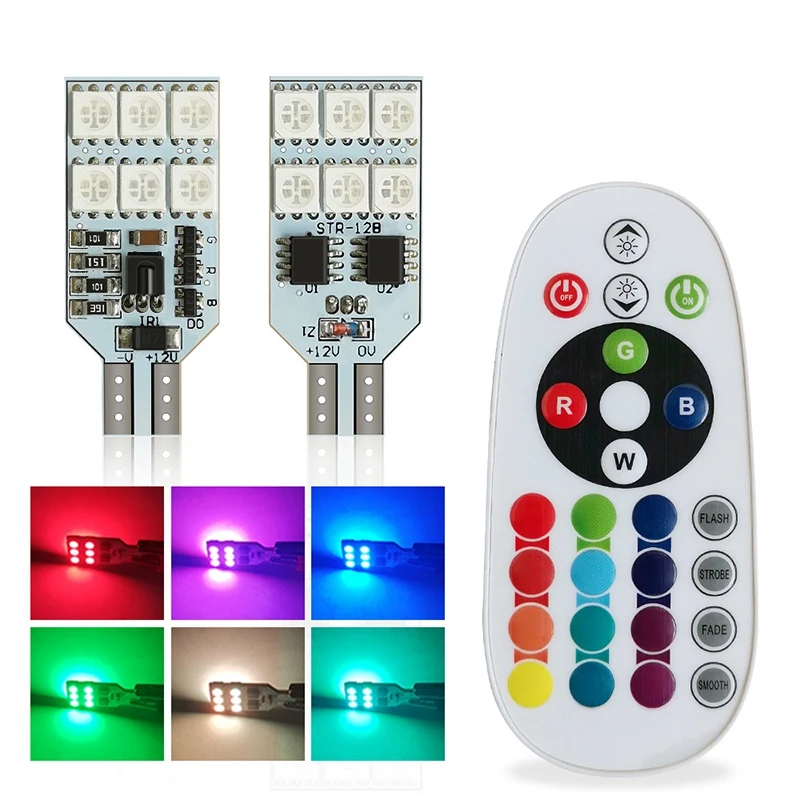 T10 RGB W5W LED Car Clearance Lights 5050 Bulb Remote Width Interior Lighting for Brake Reading Dome License Lights
T10 RGB W5W LED Car Clearance Lights 5050 Bulb Remote Width Interior Lighting for Brake Reading Dome License Lights