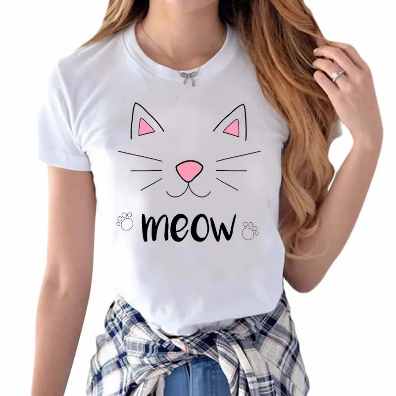 Женская милая Футболка с принтом кота Мяу свободная новая модная футболка