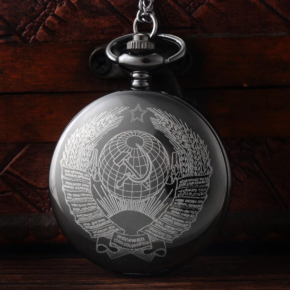 Black Emblem USSR Soviet Badges Hammer Sickle Pocket Watch Retro Russia Army CCCP Communism Necklace Clock Chain For Men Women
Black Emblem USSR Soviet Badges Hammer Sickle Pocket Watch Retro Russia Army CCCP Communism Necklace Clock Chain For Men Women