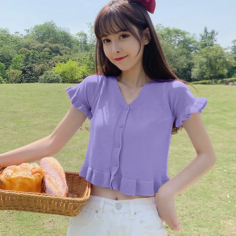 Women Sweet V-neck Tops Butterfly Sleeve Ruffled Short Section Exposed Navel Knitted Short-sleeved T-shirt 1
Women Sweet V-neck Tops Butterfly Sleeve Ruffled Short Section Exposed Navel Knitted Short-sleeved T-shirt 1