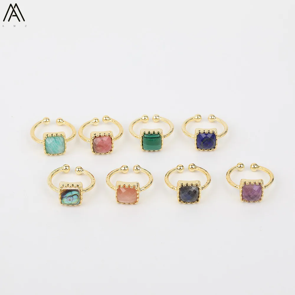 Random Sales Natural Stone Cube Beads Rings Adjustable Fashion Women Amethysts Quartz Open Gold Copper Jewelry FZ-76AMAJ | Украшения и