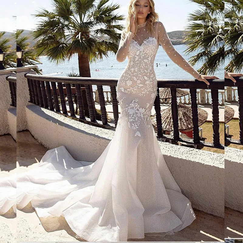 New Princess Mermaid Polka-Dot Wedding Dress 2021 High Neck Long Sleeve Lace Appliques Sweep Train Bridal Gown Vestidos De Noiva
New Princess Mermaid Polka-Dot Wedding Dress 2021 High Neck Long Sleeve Lace Appliques Sweep Train Bridal Gown Vestidos De Noiva