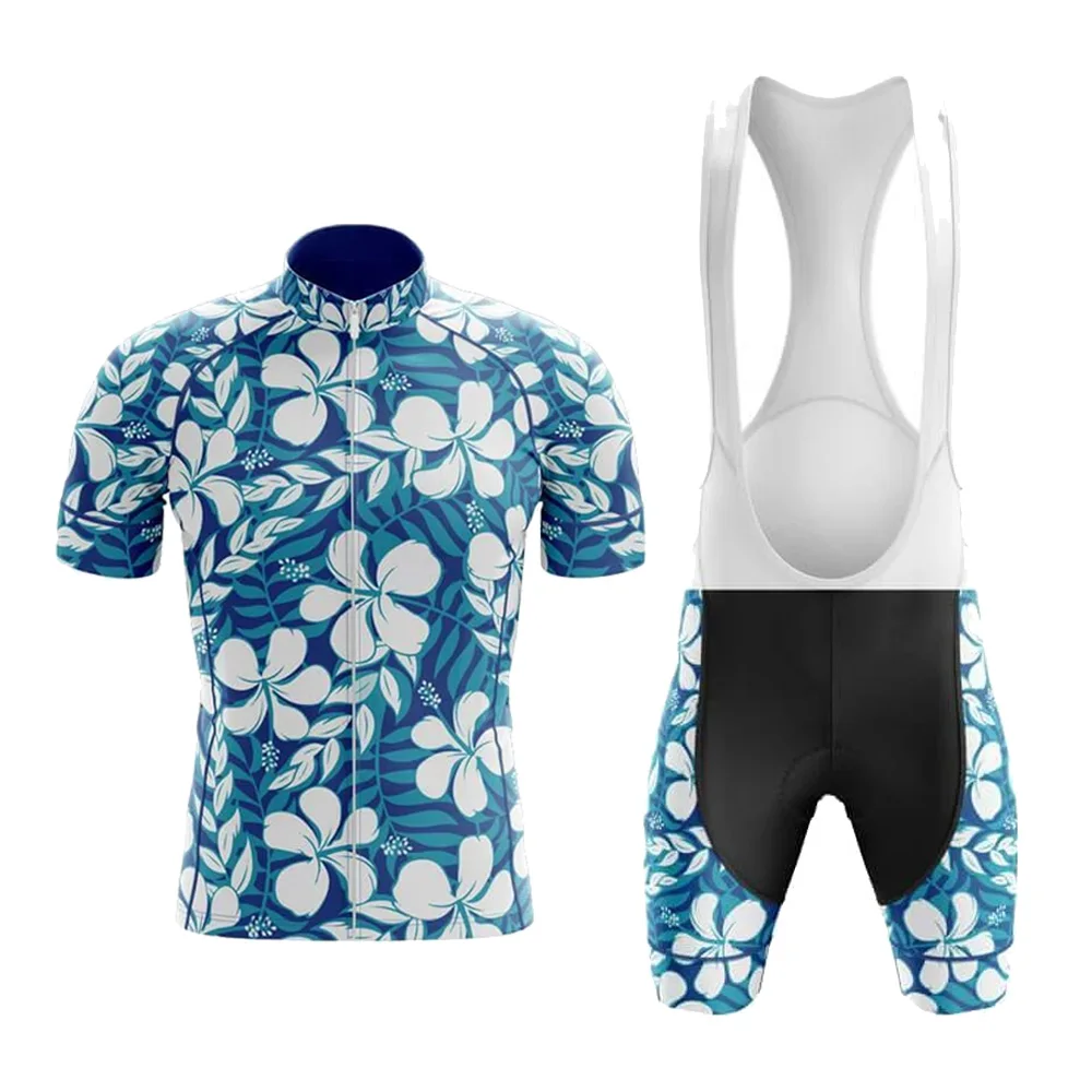 

Tropical Rainforest Style BLUE Summer Cycling Jersey Set Men Ciclismo Masculino Bib Short Gel Breathable Pad Maillot Ciclismo