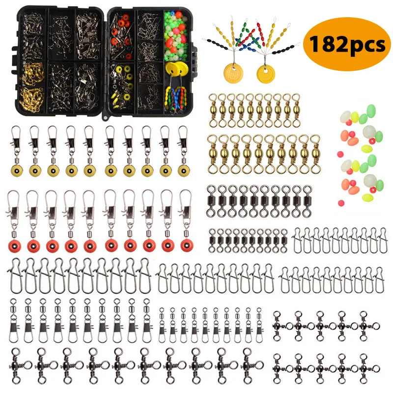 182pcs/Box Fishing Tackle Box Kit Fishing Swivels Snap Rolling Connector Float Stopper Fishing Beads Combo Set
182pcs/Box Fishing Tackle Box Kit Fishing Swivels Snap Rolling Connector Float Stopper Fishing Beads Combo Set
