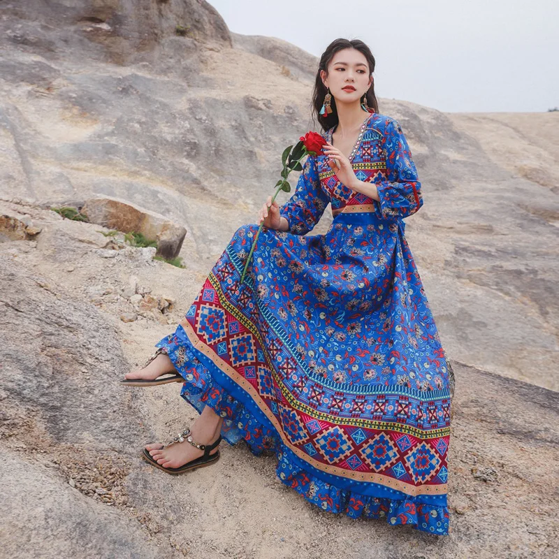 Fashion V-Neck Bohemian Beach Long Dress for Women Chic Floral Puff Sleeve Slim Waist Maxi A-Line Dresses Muslim Arabian Clothes
Fashion V-Neck Bohemian Beach Long Dress for Women Chic Floral Puff Sleeve Slim Waist Maxi A-Line Dresses Muslim Arabian Clothes