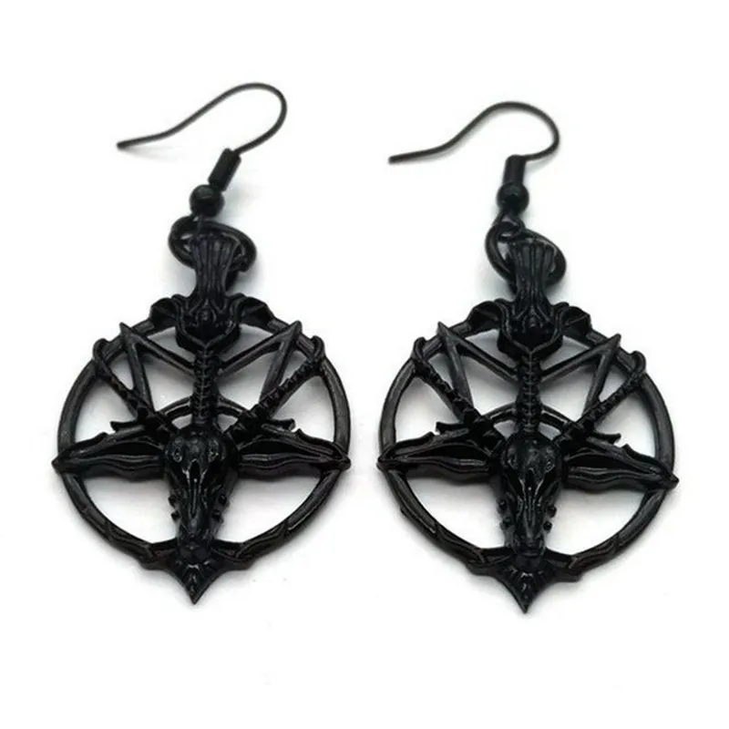 

New Fashion Glamour Retro Women's Pentagram Pan God Skull Goat Head Pendant Earrings Black Silver Color Gothic Witch Jewelry