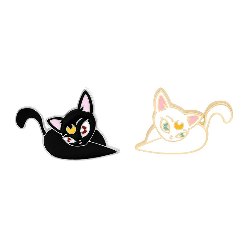 Луна броши кошки для женщин модные котенок эмали штырь черный белый цвет значки с