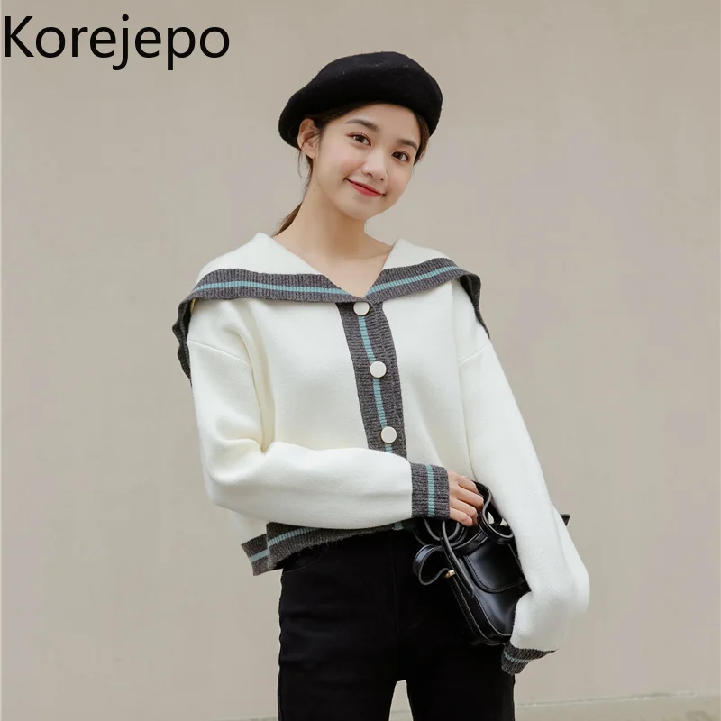 Korejepo Women Knitted Cardigan 2021 Autumn New Preppy Style Japanese Navy Collar Contrast Color Lapel Long-sleeved Top Sweater 
Korejepo Women Knitted Cardigan 2021 Autumn New Preppy Style Japanese Navy Collar Contrast Color Lapel Long-sleeved Top Sweater