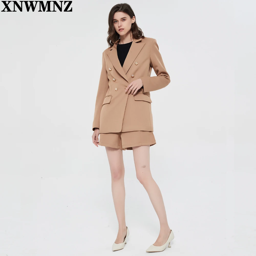 

Za women buttoned blazer Long sleeve blazer lapel collar defined shoulders flap pockets vent double-breasted metal button camel