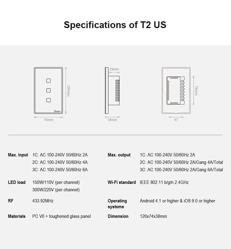 Умный настенный светильник Sonoff TX T2 T3 US Wi Fi RF 433/ APP/сенсорное управление