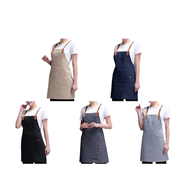 Hang Neck Apron Adjustable Cross Leather Strap Kitchen Aprons with Pockets Oil Proof for Women Men Coffee Milk Tea Shop 101A 
Hang Neck Apron Adjustable Cross Leather Strap Kitchen Aprons with Pockets Oil Proof for Women Men Coffee Milk Tea Shop 101A