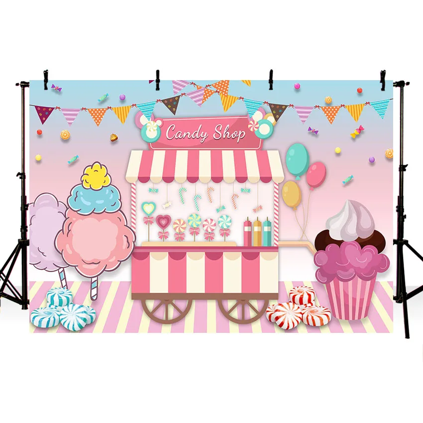 Фотографический фон для студийной съемки "Ларек мороженого в магазине конфет: флаги, воздушные шары, дети".