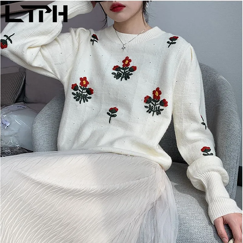 

LTPH свободный женский свитер с цветочной вышивкой, повседневный вязаный джемпер с рукавами-фонариками, корейский модный топ, пуловеры, Новин...