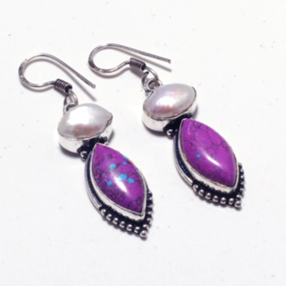 Genuine Purple Turquoise + Biwa Pearl Silver Overlay on Copper Earrings ,Hand made Women Jewelry Gift , E5347
Genuine Purple Turquoise + Biwa Pearl Silver Overlay on Copper Earrings ,Hand made Women Jewelry Gift , E5347