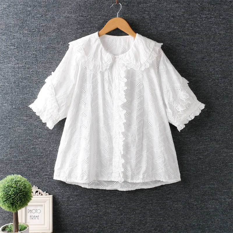Summer new Japan style Ruffle peter pan collar embroidery top short sleeve single breasted shirt
Summer new Japan style Ruffle peter pan collar embroidery top short sleeve single breasted shirt
