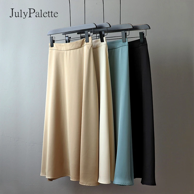 Julypalette Elegant Ladies Satin A-line Skirt 2021 Autumn High Elastic Waist Smooth Midi-length Women Solid Casual Simple Skirt
Julypalette Elegant Ladies Satin A-line Skirt 2021 Autumn High Elastic Waist Smooth Midi-length Women Solid Casual Simple Skirt