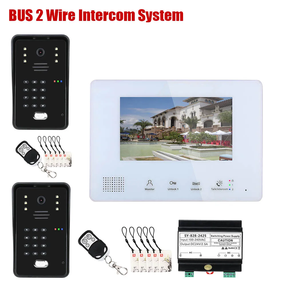 7 Inch BUS 2 Wire RFID Video Door Intercom systems for 2 Outdoor 1/2/3 Camera Code Keypad RFIC Camera home Access Control System
7 Inch BUS 2 Wire RFID Video Door Intercom systems for 2 Outdoor 1/2/3 Camera Code Keypad RFIC Camera home Access Control System