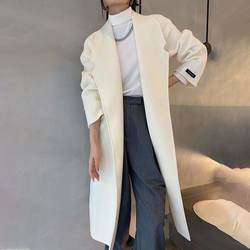 Temperament High Fashion New Solid Color Loose Mid-length Wool Coat With Belt Women Casual Turn-down Collar Open Front Outerwear
Temperament High Fashion New Solid Color Loose Mid-length Wool Coat With Belt Women Casual Turn-down Collar Open Front Outerwear