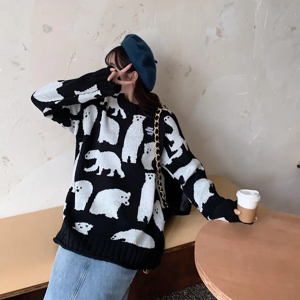 Funny Bear Print Oversize Knitted Sweaters Women 2021 Fall Winter Streetwear Fashion Female Pullovers O-Neck Vintage Sweaters 
Funny Bear Print Oversize Knitted Sweaters Women 2021 Fall Winter Streetwear Fashion Female Pullovers O-Neck Vintage Sweaters