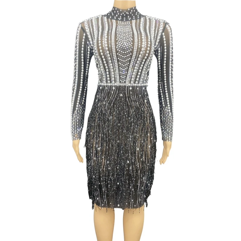New Fashion Silver Rhinestone Pearl Fringe Dresses for Women Birthday Celebrate Transparent Outfit Women Dancer Prom Club Dress
New Fashion Silver Rhinestone Pearl Fringe Dresses for Women Birthday Celebrate Transparent Outfit Women Dancer Prom Club Dress