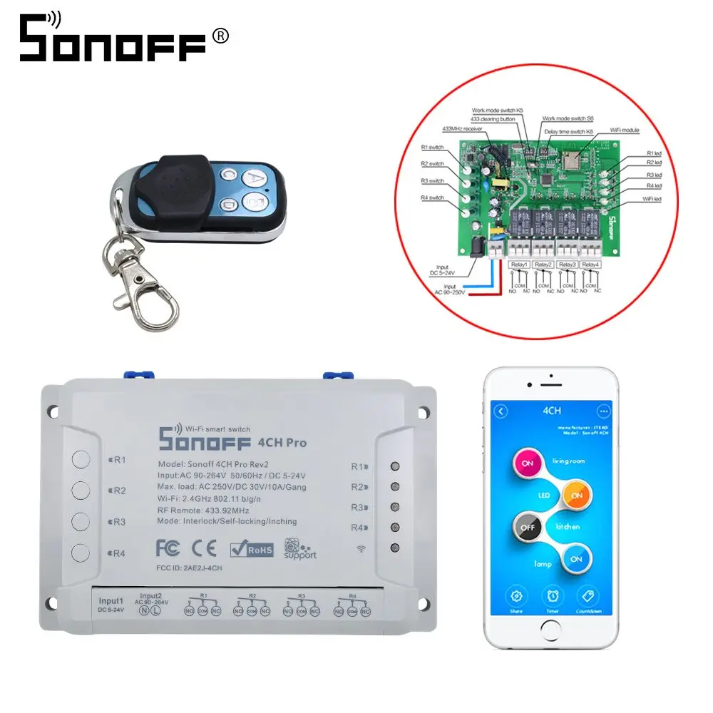 SONOFF 4ch pro r2 4 канала/банда 10А WIFI RF 433 МГц пульт дистанционного управления Блокировка