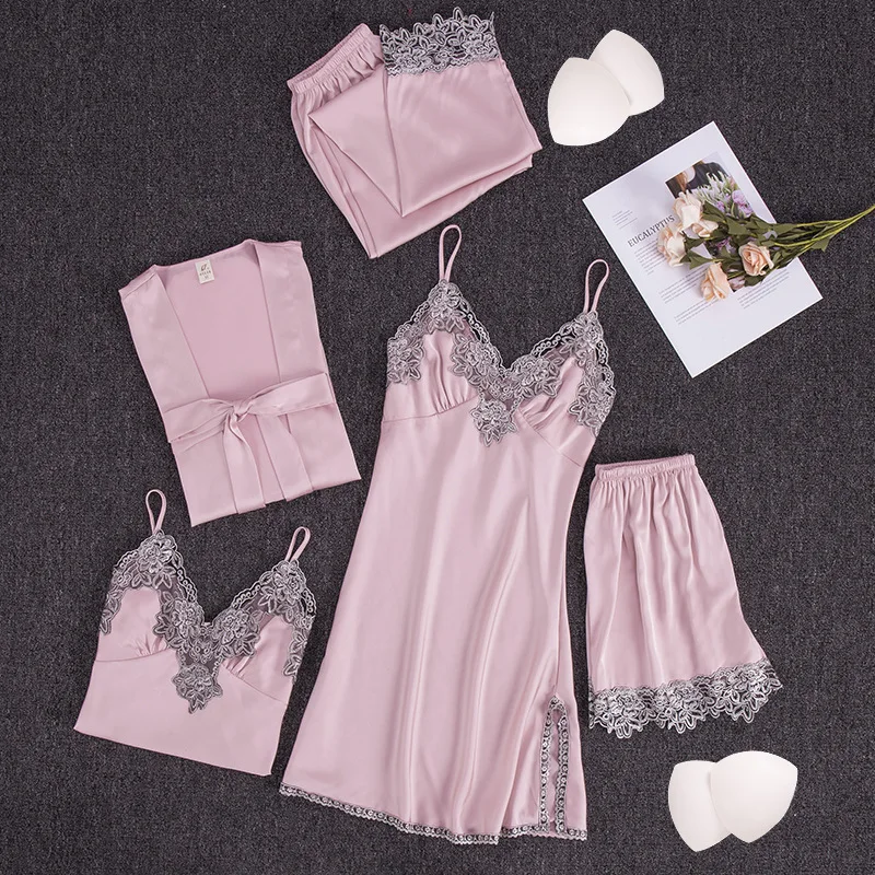 Sexy Five-Piece Satin Women's Pajamas Chiffon Robe Slip Nightdress with Chest Pad Leisure Tops Bathrobe home suit sleepwear
Sexy Five-Piece Satin Women's Pajamas Chiffon Robe Slip Nightdress with Chest Pad Leisure Tops Bathrobe home suit sleepwear