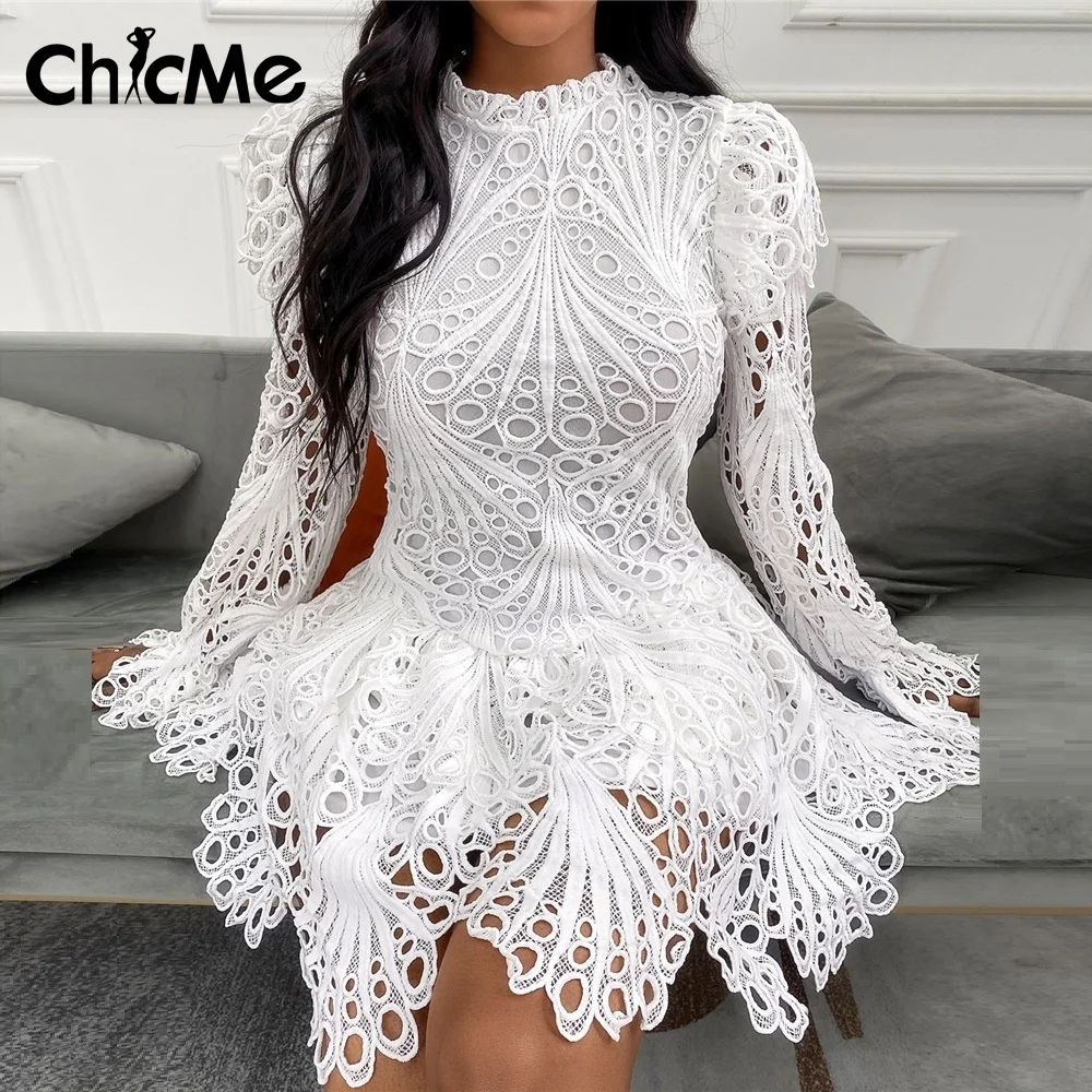 

Chicme 2021 Women Lace Dress Elegant Eyelet Embroidery Bell Long Sleeve Party Dress Solid Slim Waist Mini Dresses Casual Vestido