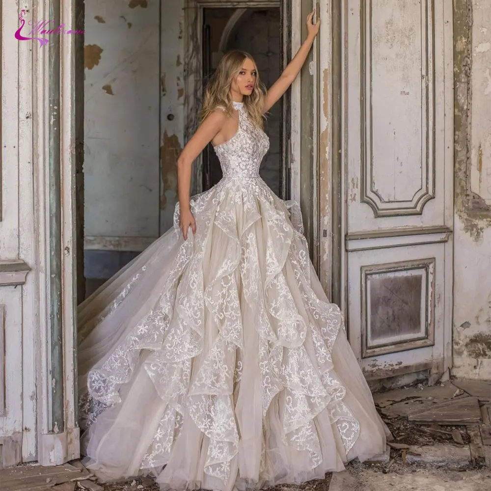 Waulizane Halter Neckline Of Ruffles A Line Wedding Dress Buttons Back With Sleeveless Court Train Bride Dress 
Waulizane Halter Neckline Of Ruffles A Line Wedding Dress Buttons Back With Sleeveless Court Train Bride Dress