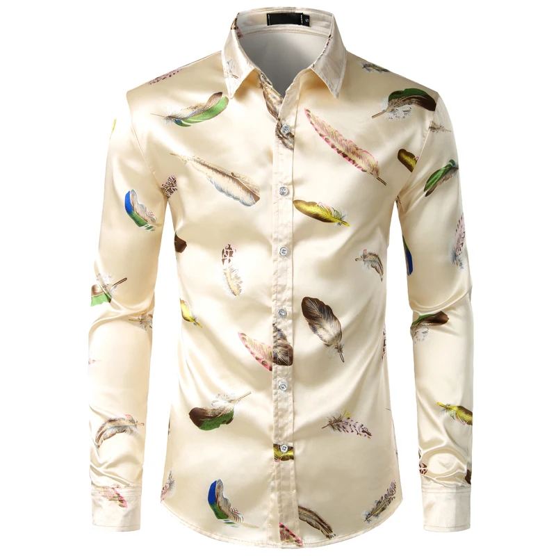 Mens Satin Silk Feather Printed Button Down Smooth Long Sleeve Shirt Slim Fit Casual Party Shirts For Men Camisas Hombre
Mens Satin Silk Feather Printed Button Down Smooth Long Sleeve Shirt Slim Fit Casual Party Shirts For Men Camisas Hombre