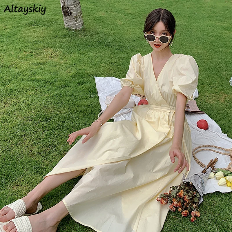 Puff Sleeve Dresses Women Pure French Style Elegant Lady Feminine High Waist Retro V-neck Leisure Chic Summer New Cozy Female
Puff Sleeve Dresses Women Pure French Style Elegant Lady Feminine High Waist Retro V-neck Leisure Chic Summer New Cozy Female